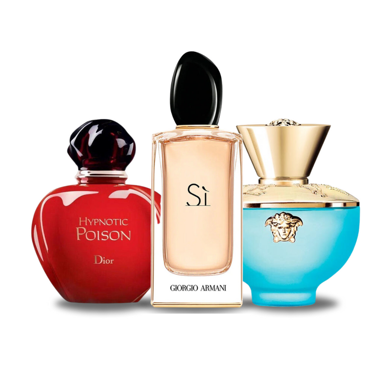 PACK DE 3 PERFUMES: DIOR HYPNOTIC POISON, GIORGIO ARMANI SÌ, VERSACE DYLAN TURQUOISE – 100ML